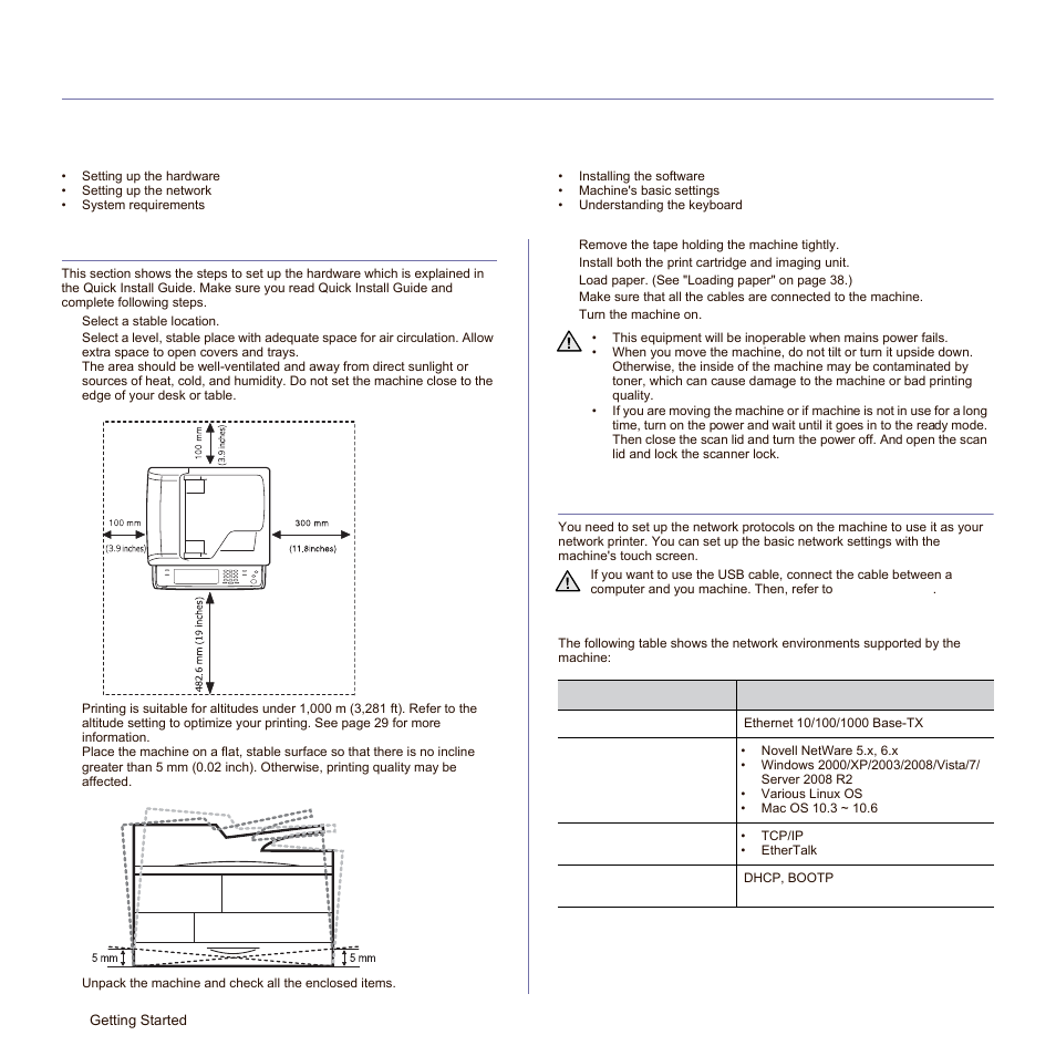 Getting started, Setting up the hardware, Setting up the network | Supported operating systems | Samsung SCX-6545N-XPE User Manual | Page 78 / 190