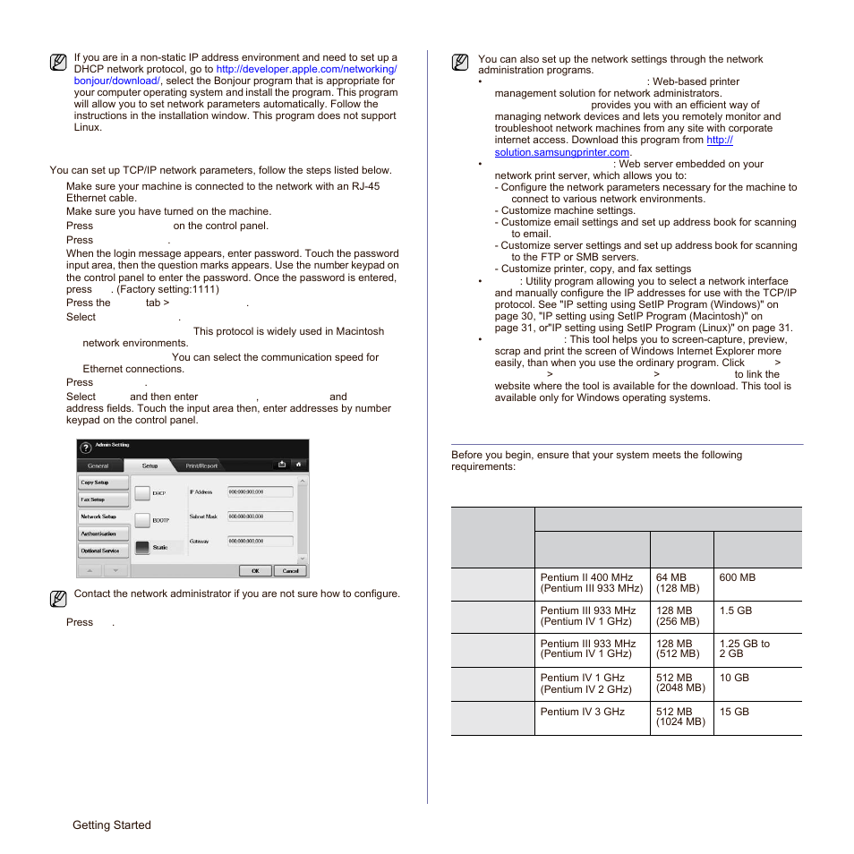 Configuring network protocol via the machine, System requirements, Windows | Samsung SCX-6545N-XPE User Manual | Page 79 / 190