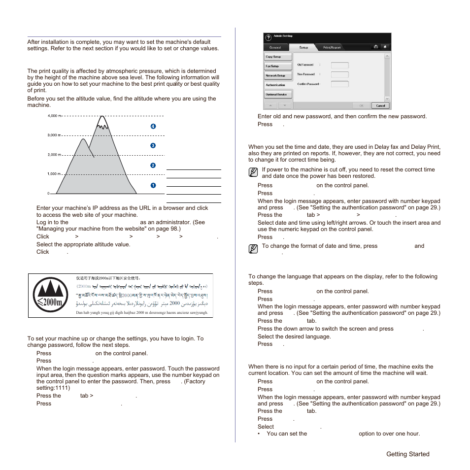 Machine's basic settings, Altitude adjustment, China only | Setting the authentication password, Setting the date and time, Changing the display language, Setting job timeout, E 29 fo, 2000m, China only setting the authentication password | Samsung SCX-6545N-XPE User Manual | Page 82 / 190