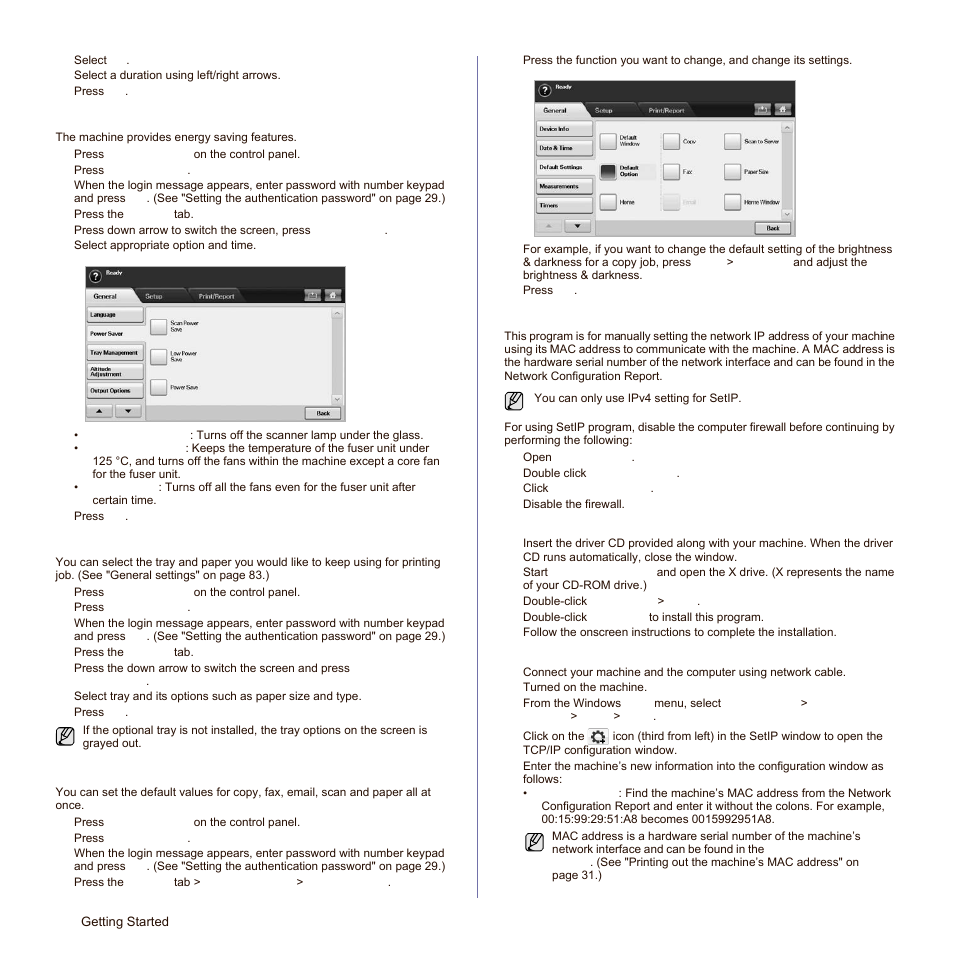 Using energy saving feature, Setting the default tray and paper, Changing the default settings | Ip setting using setip program (windows), Ip setting using setip program (windows)" on | Samsung SCX-6545N-XPE User Manual | Page 83 / 190
