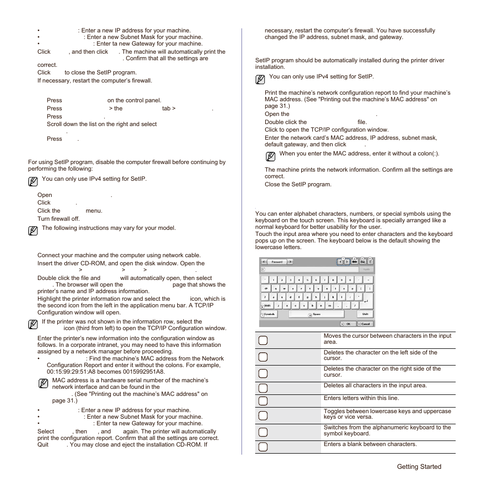 Ip setting using setip program (macintosh), Ip setting using setip program (linux), Understanding the keyboard | Ip setting using setip program (macintosh)" on, Printing out the machine’s mac address" on | Samsung SCX-6545N-XPE User Manual | Page 84 / 190