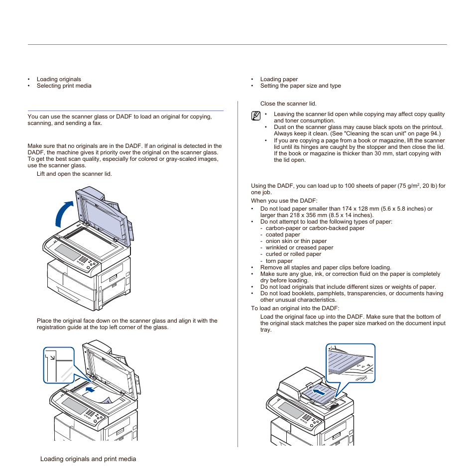 Loading originals and print media, Loading originals, On the scanner glass | In the dadf | Samsung SCX-6545N-XPE User Manual | Page 86 / 190