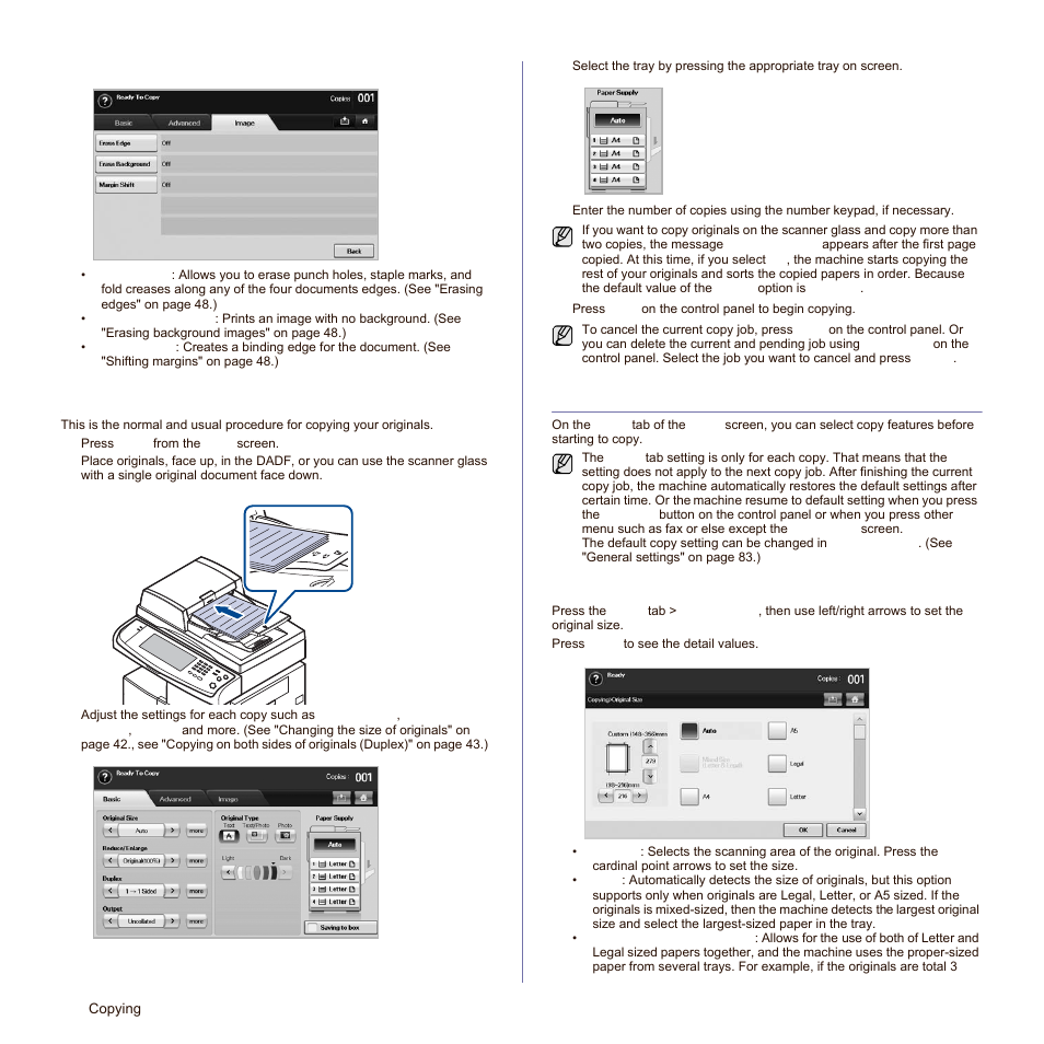 Image tab, Copying originals, Changing the settings for each copy | Changing the size of originals, See "changing the | Samsung SCX-6545N-XPE User Manual | Page 95 / 190