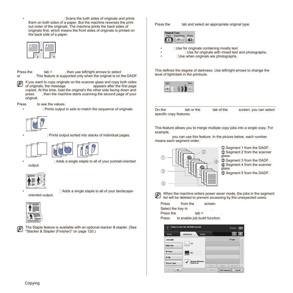 Selecting the type of originals, Changing the darkness, Using special copy features | Merging multiple jobs as a single copy, See "selecting the type of originals" on, Copy. (see "merging multiple jobs as a single | Samsung SCX-6545N-XPE User Manual | Page 97 / 190