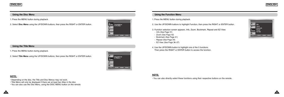 Using the disc and title menu, Using the function menu | Samsung DVD-L300-XAA User Manual | Page 17 / 33