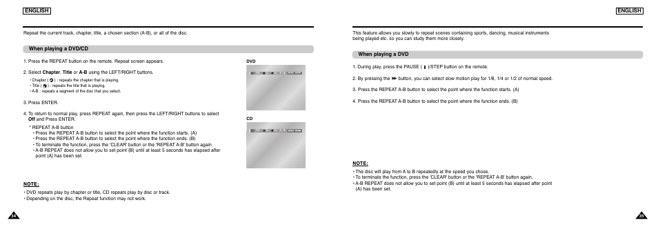 Repeat play, Advanced functions, Slow repeat play | English, When playing a dvd/cd, When playing a dvd | Samsung DVD-L300-XAA User Manual | Page 18 / 33