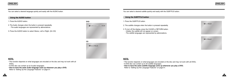 Selecting the audio language, Selecting the subtitle language | Samsung DVD-L300-XAA User Manual | Page 20 / 33