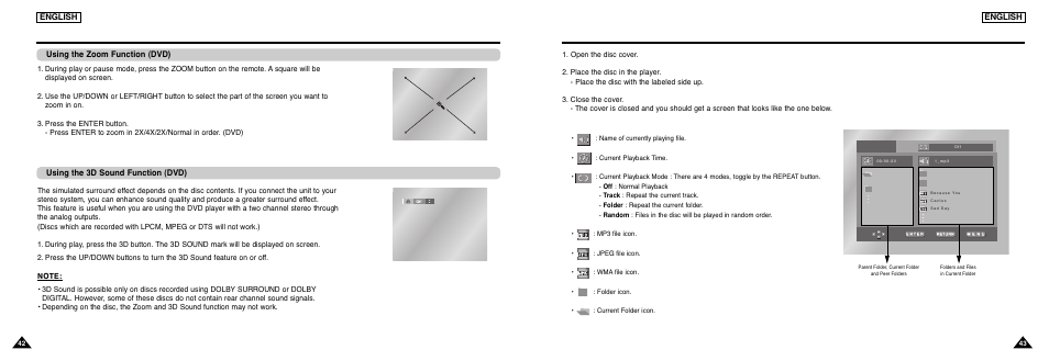 Using the zoom & 3d sound functions, Clips menu for mp3/wma/jpeg | Samsung DVD-L300-XAA User Manual | Page 22 / 33