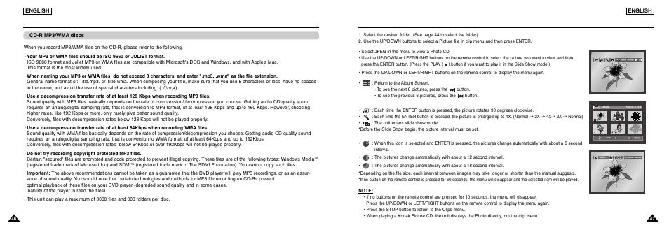 Picture cd playback, Picture cd playback mp3/wma play, English | Cd-r mp3/wma discs | Samsung DVD-L300-XAA User Manual | Page 24 / 33