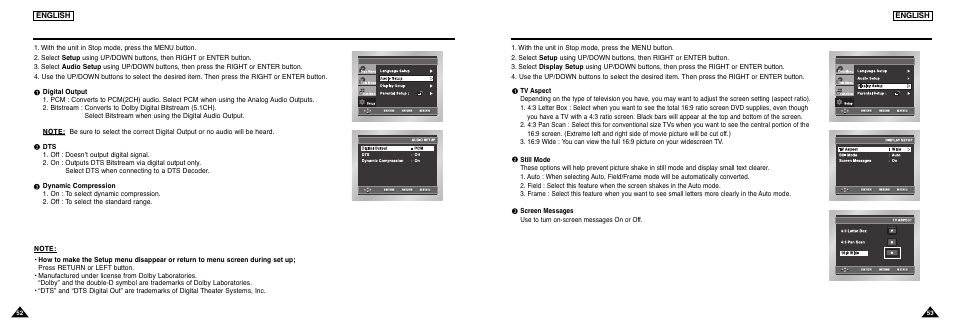 Setting up the audio options, Setting up the display options | Samsung DVD-L300-XAA User Manual | Page 27 / 33