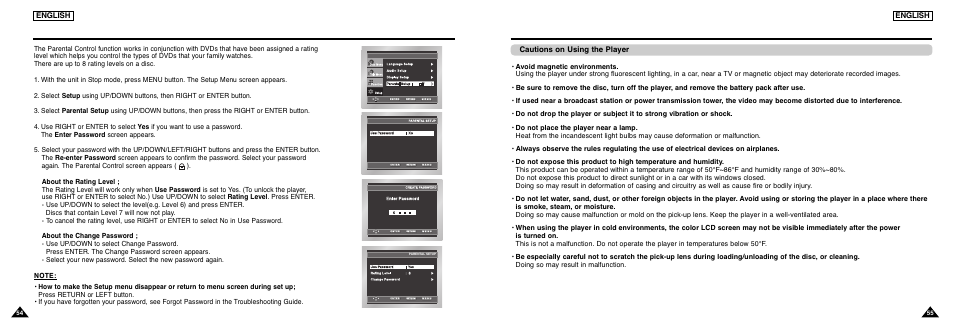 Setting up the parental control, Reference, Cautionary notes | Samsung DVD-L300-XAA User Manual | Page 28 / 33