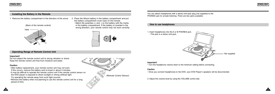 Using the remote control unit, Connections, Connecting headphones to the dvd | Samsung DVD-L300-XAA User Manual | Page 9 / 33