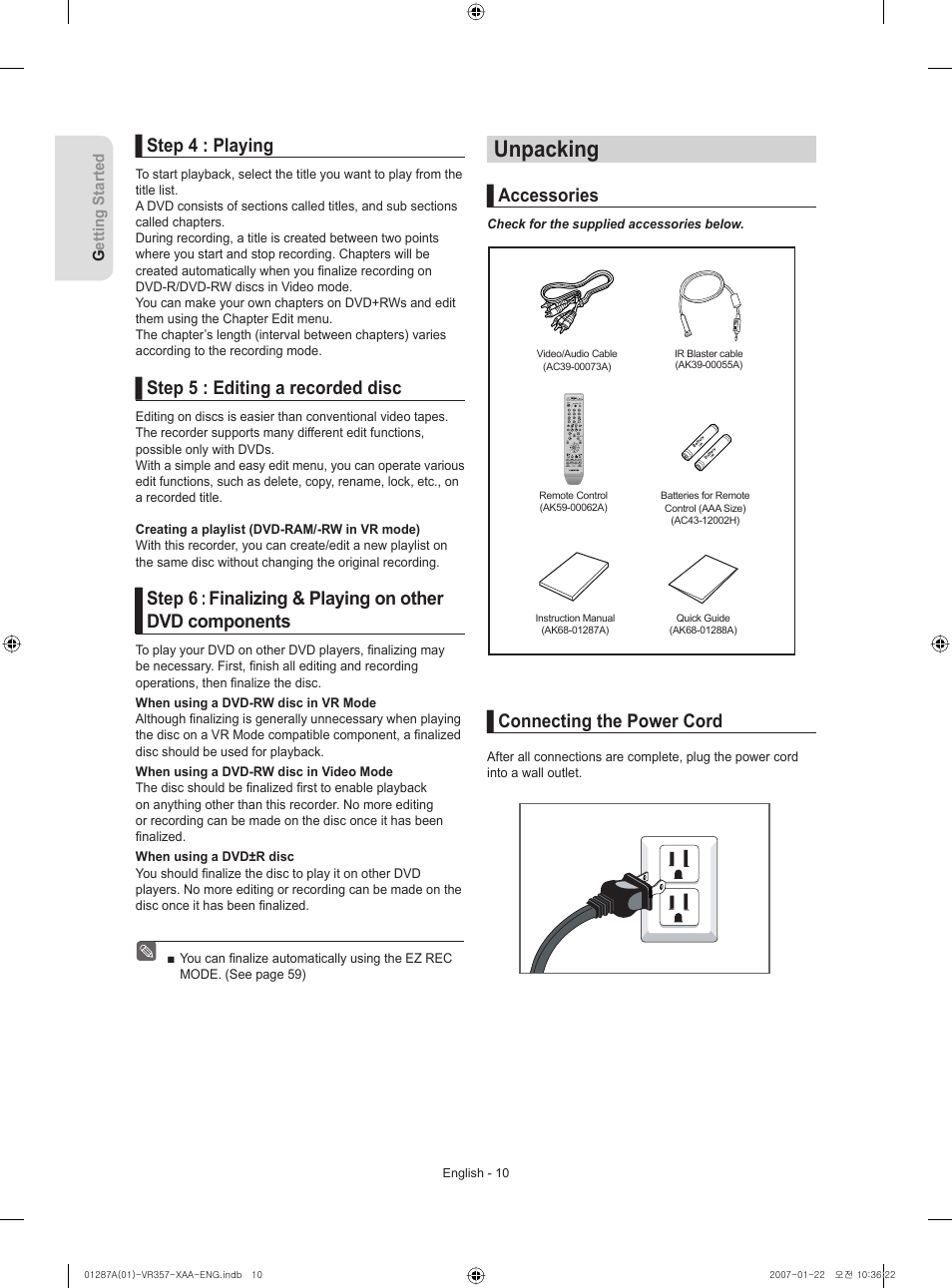 Unpacking, Accessories, Connecting the power cord | Step 4 : playing, Step 5 : editing a recorded disc | Samsung DVD-VR357-XAA User Manual | Page 10 / 89