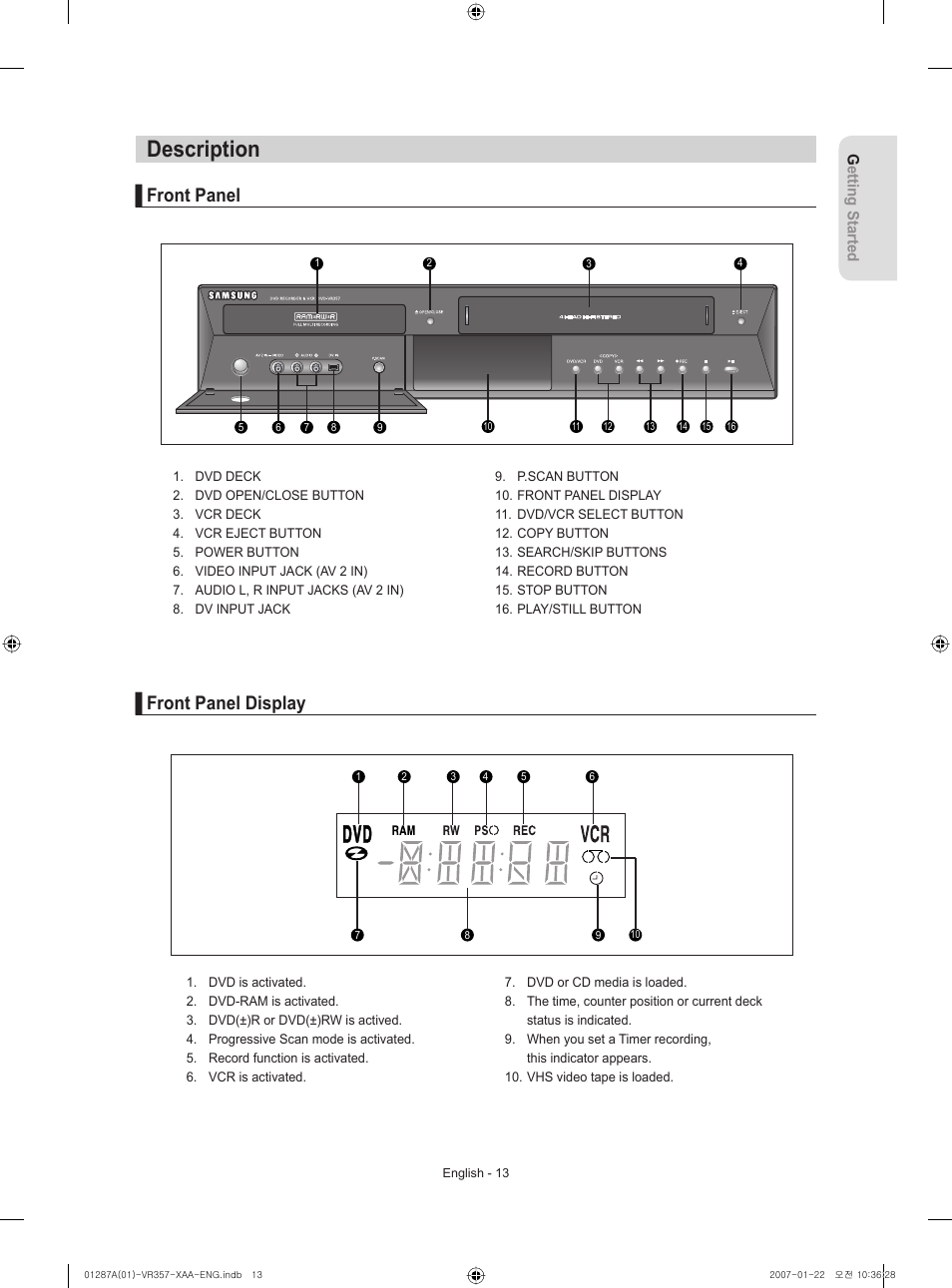 Description, Front panel, Front panel display | Front panel ▌ front panel display | Samsung DVD-VR357-XAA User Manual | Page 13 / 89