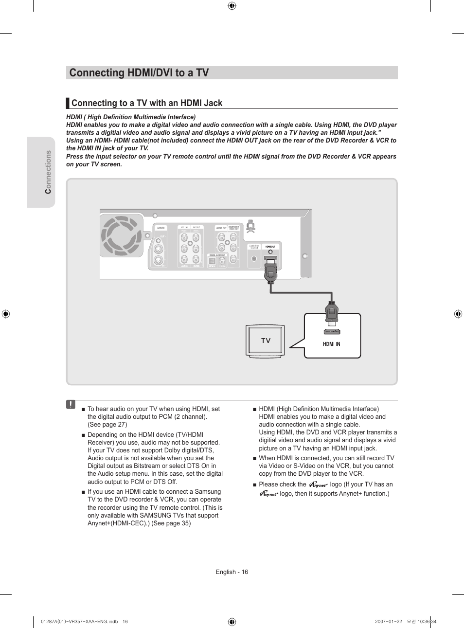 Connecting hdmi/dvi to a tv, Connecting to a tv with an hdmi jack | Samsung DVD-VR357-XAA User Manual | Page 16 / 89