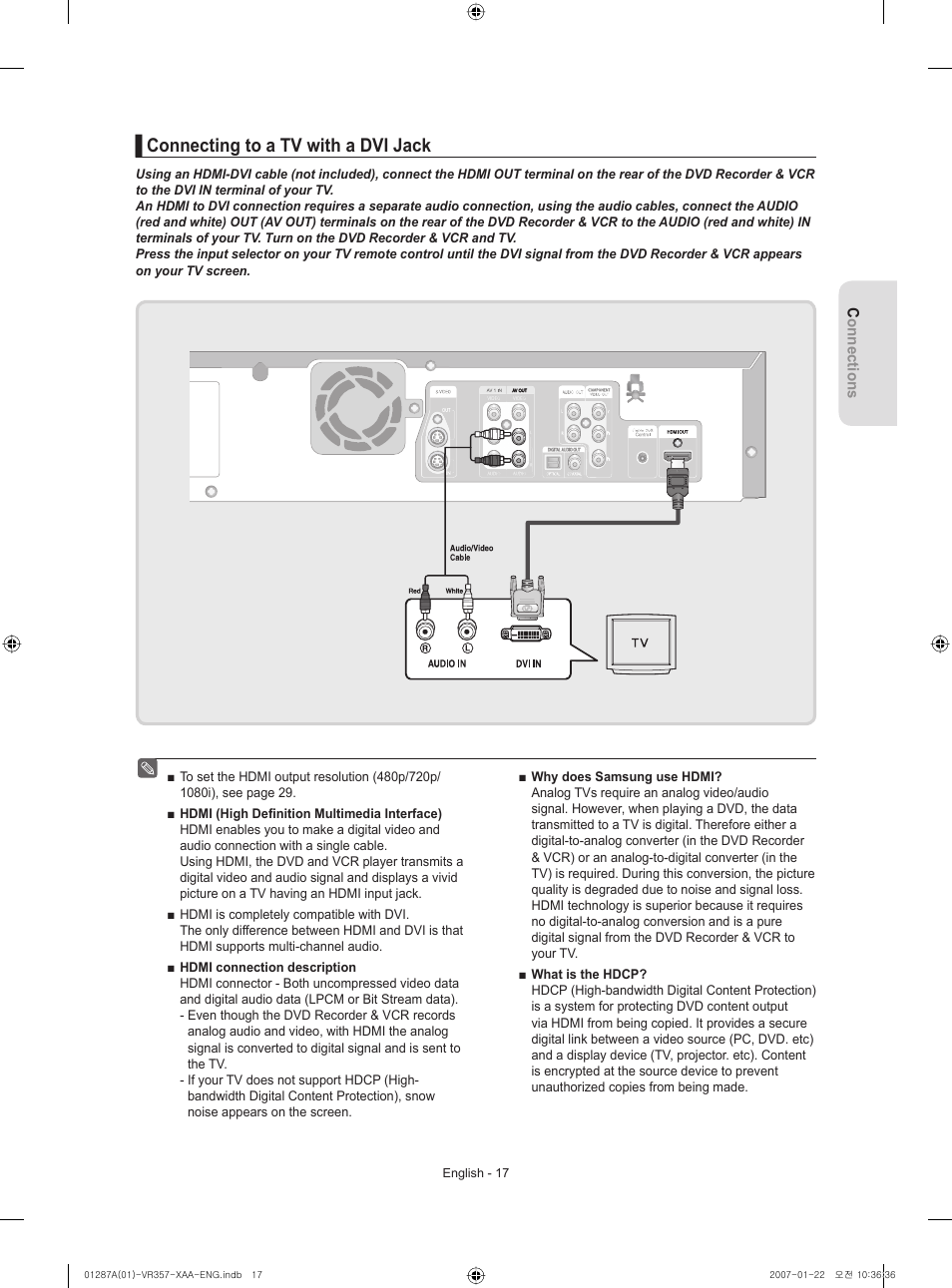 Connecting to a tv with a dvi jack | Samsung DVD-VR357-XAA User Manual | Page 17 / 89