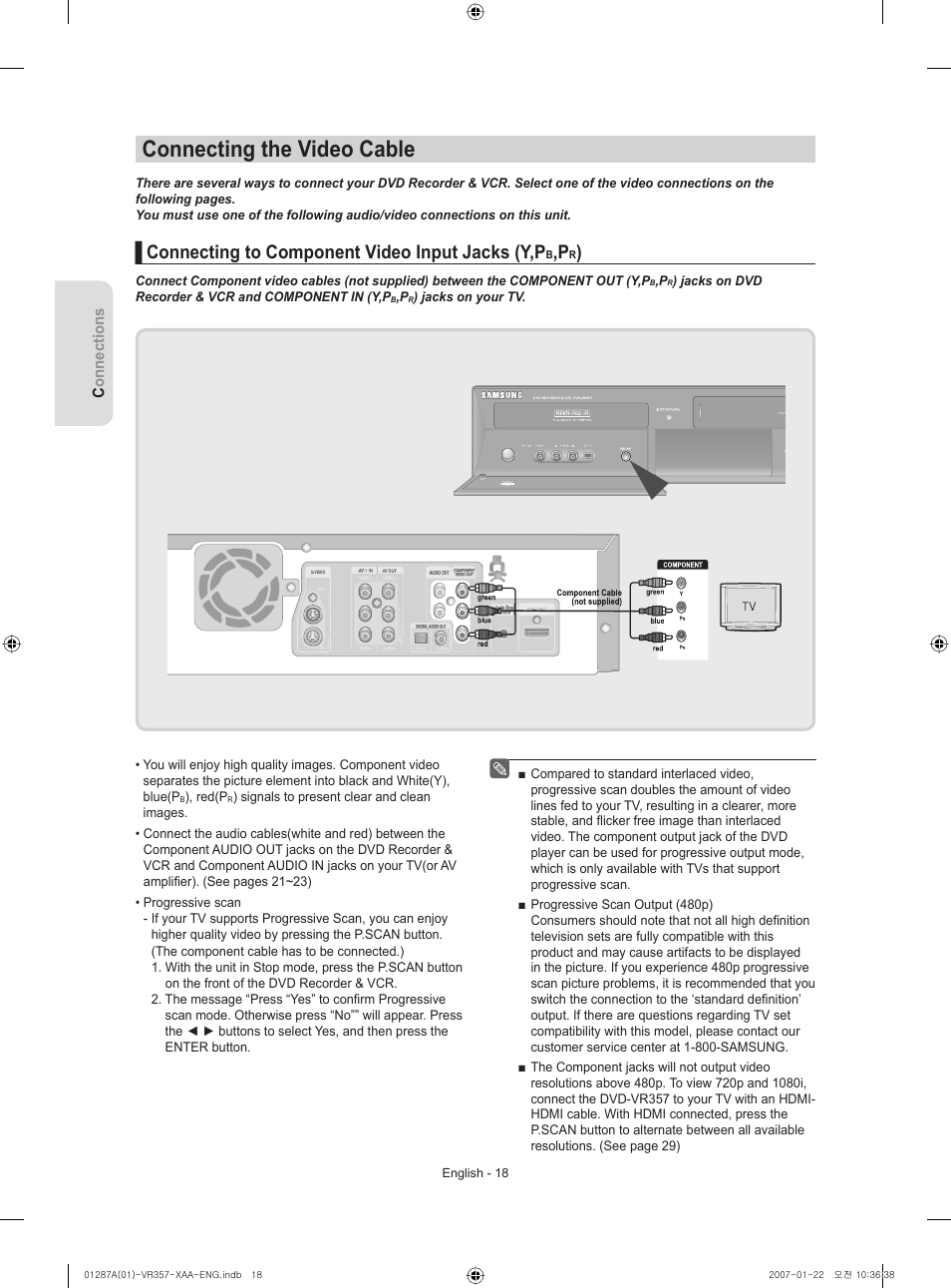 Connecting the video cable, Connecting to component video input jacks (y,p | Samsung DVD-VR357-XAA User Manual | Page 18 / 89