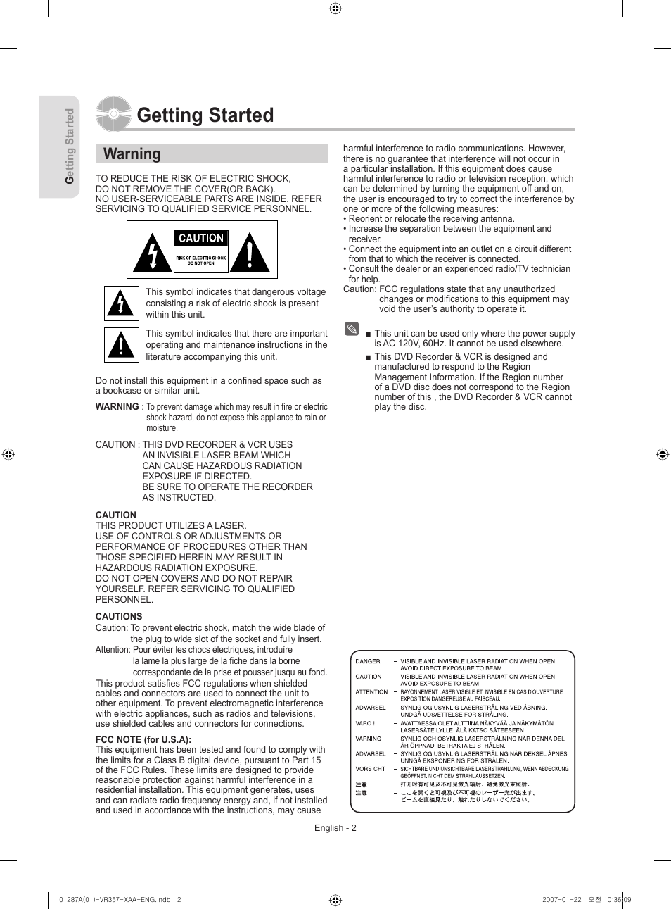 Getting started, Warning | Samsung DVD-VR357-XAA User Manual | Page 2 / 89
