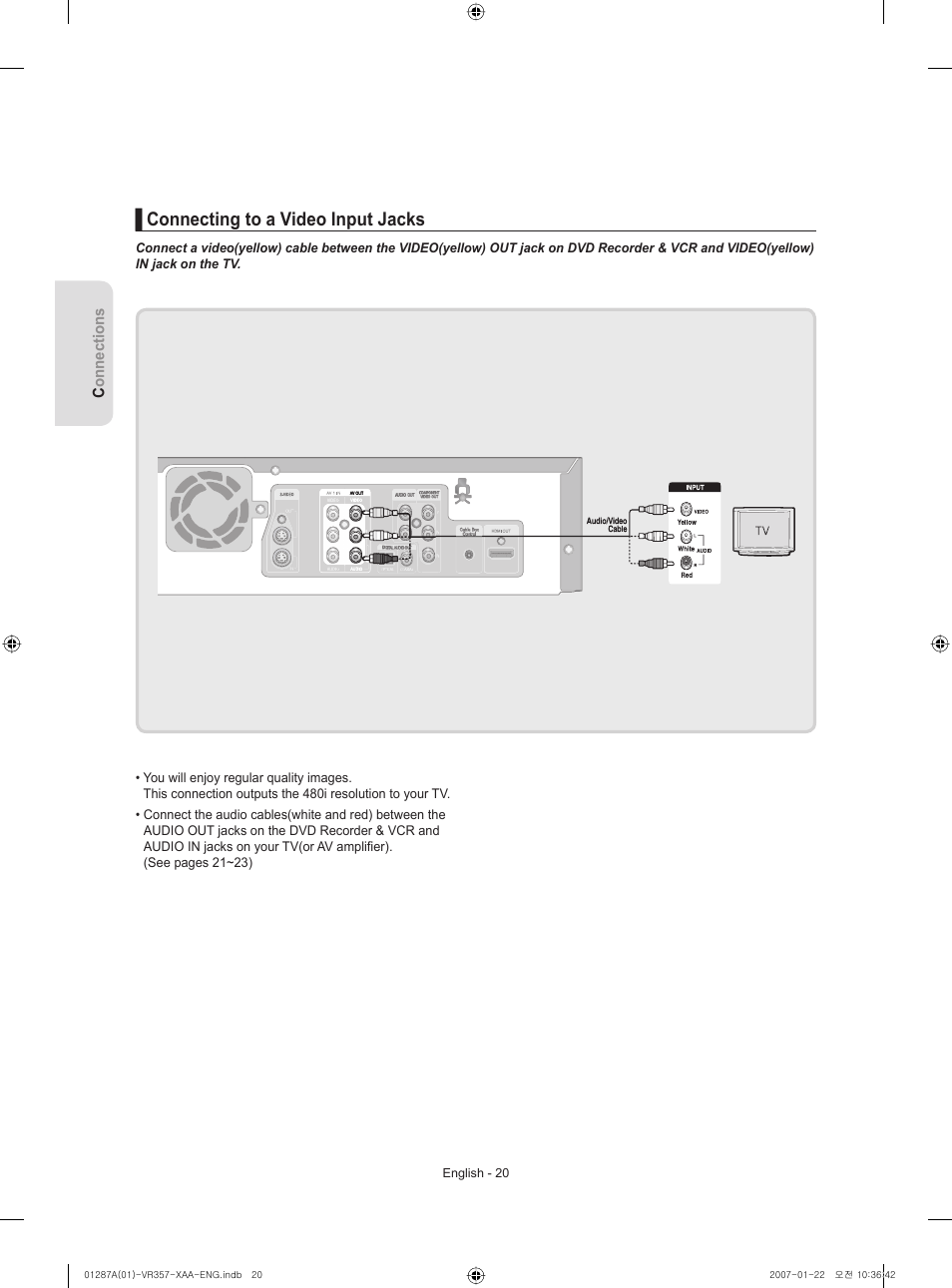 Connecting to a video input jacks | Samsung DVD-VR357-XAA User Manual | Page 20 / 89