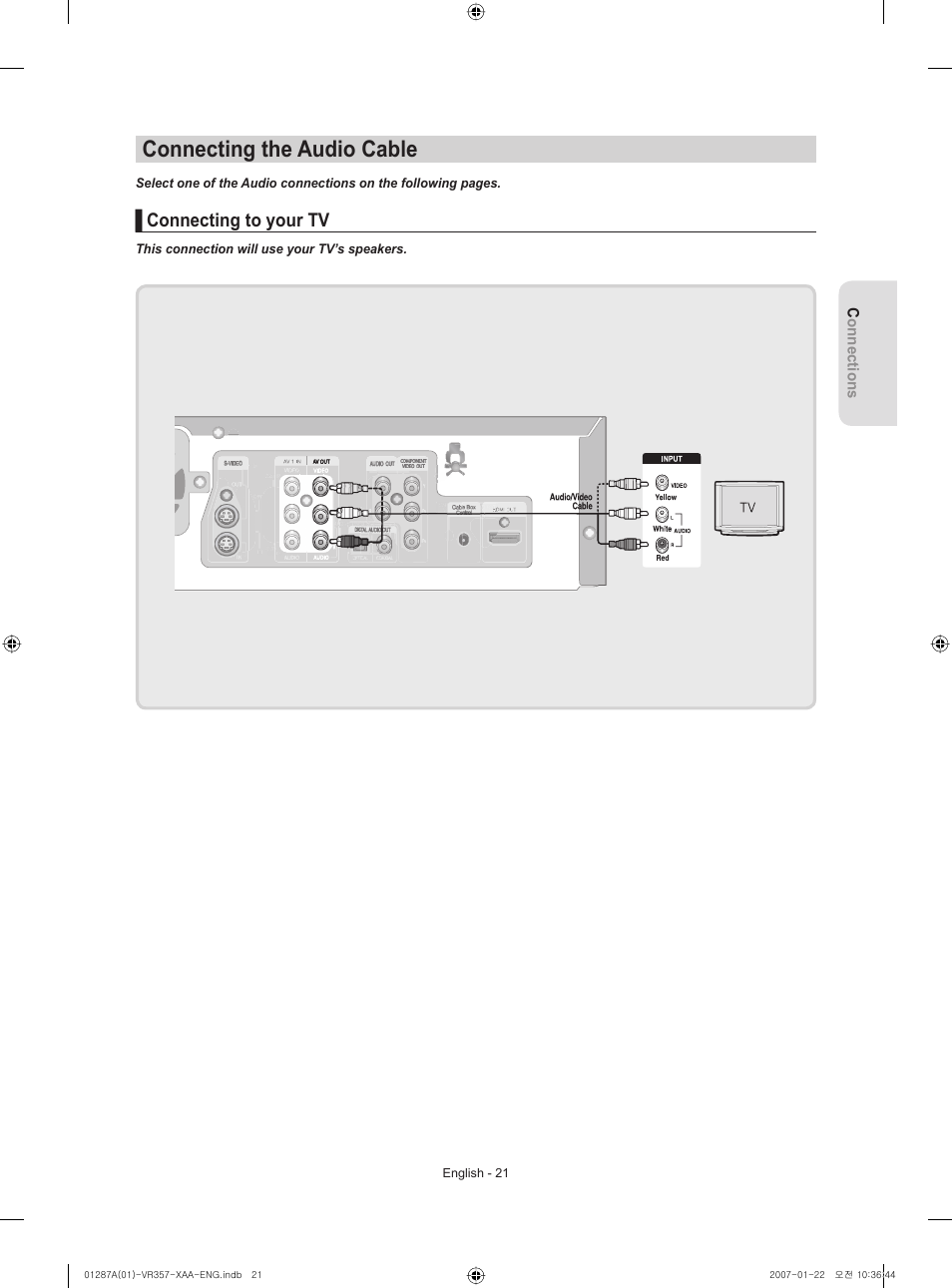 Connecting the audio cable, Connecting to your tv | Samsung DVD-VR357-XAA User Manual | Page 21 / 89