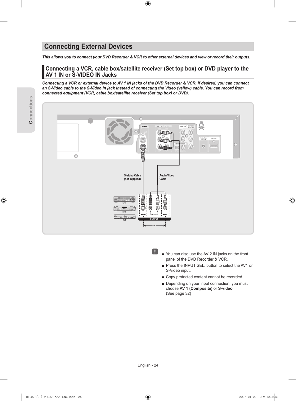 Connecting external devices | Samsung DVD-VR357-XAA User Manual | Page 24 / 89