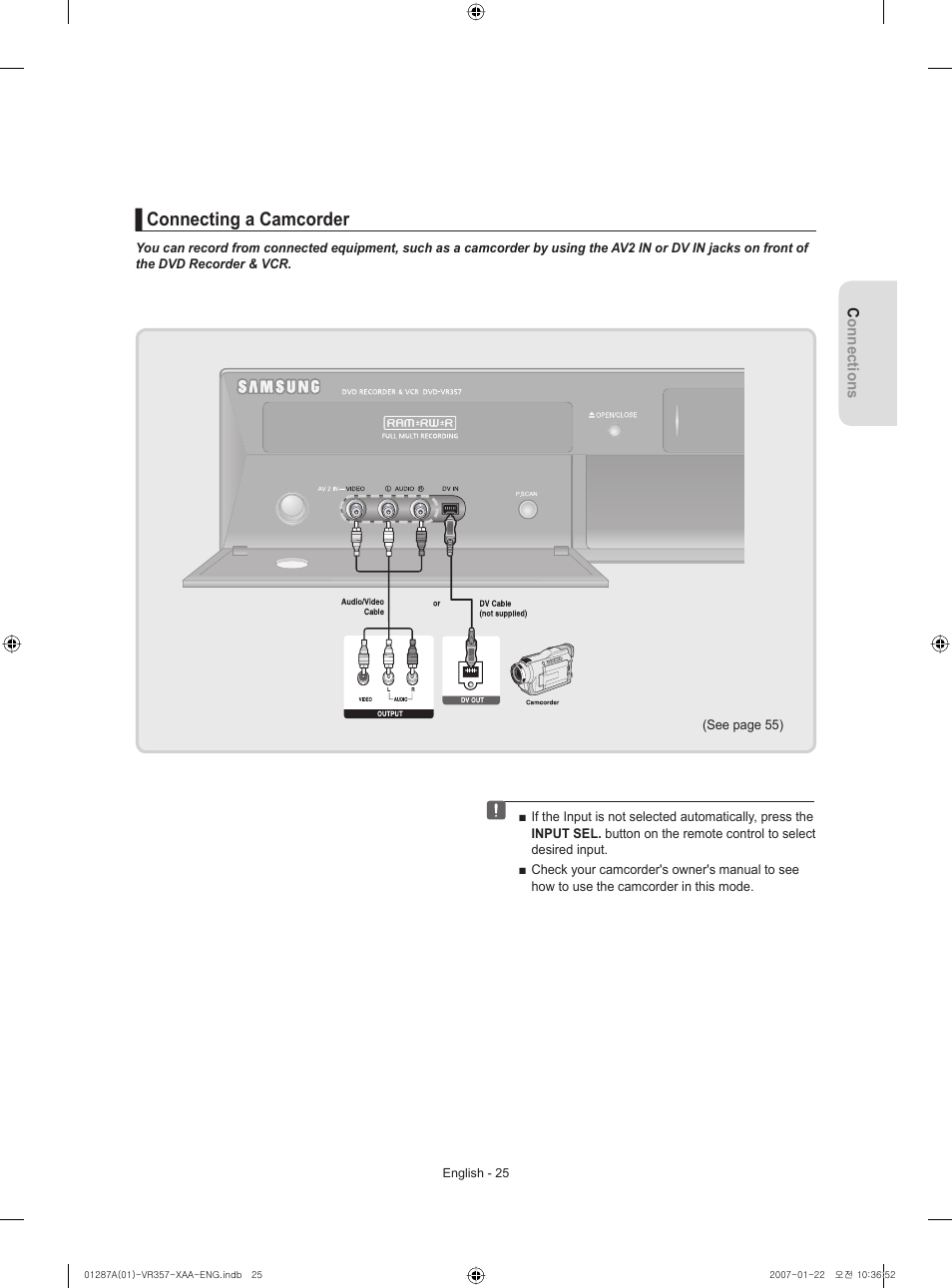 Connecting a camcorder | Samsung DVD-VR357-XAA User Manual | Page 25 / 89