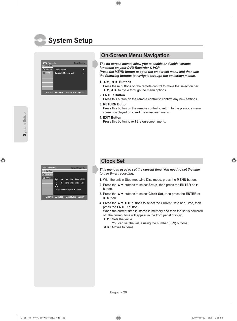 System setup, On-screen menu navigation, Clock set | Samsung DVD-VR357-XAA User Manual | Page 26 / 89