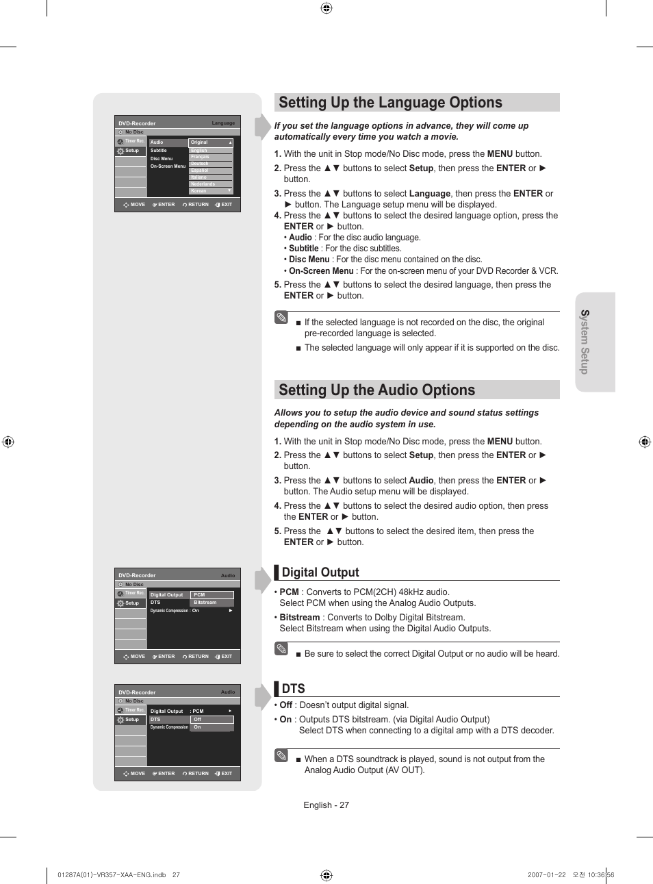 Setting up the language options, Setting up the audio options, Digital output | System setup | Samsung DVD-VR357-XAA User Manual | Page 27 / 89