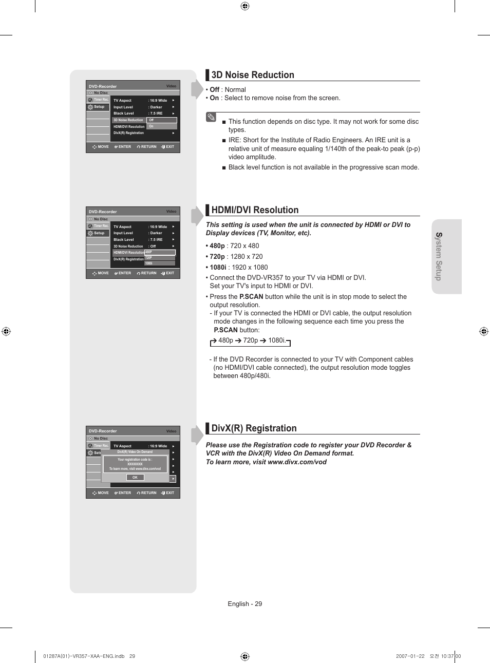 3d noise reduction, Hdmi/dvi resolution, Divx(r) registration | System setup, English - 29 | Samsung DVD-VR357-XAA User Manual | Page 29 / 89