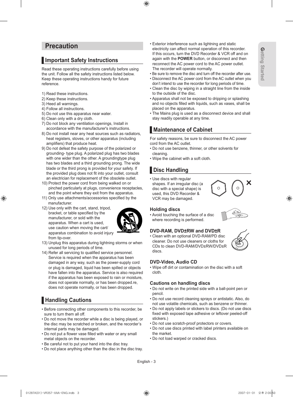 Precaution, Important safety instructions, Handling cautions | Maintenance of cabinet, Disc handling | Samsung DVD-VR357-XAA User Manual | Page 3 / 89