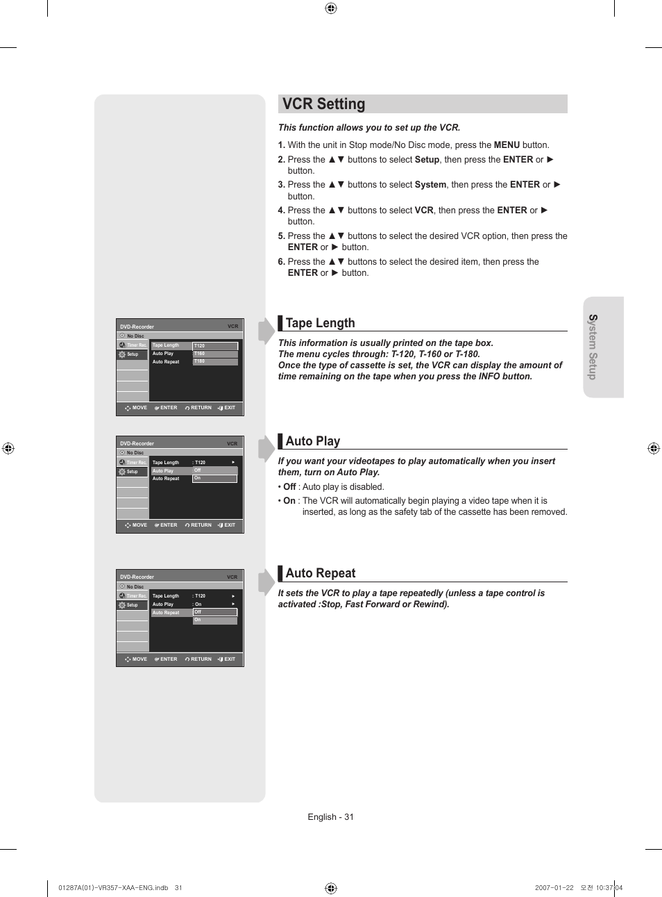 Vcr setting, Tape length, Auto play | Auto repeat, System setup | Samsung DVD-VR357-XAA User Manual | Page 31 / 89