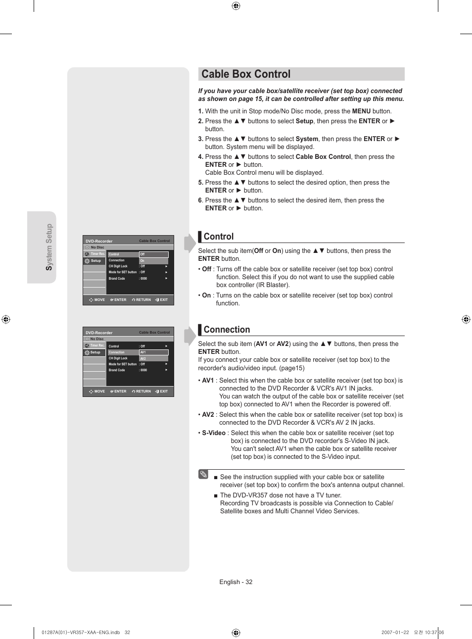Cable box control, Control, Connection | System setup | Samsung DVD-VR357-XAA User Manual | Page 32 / 89