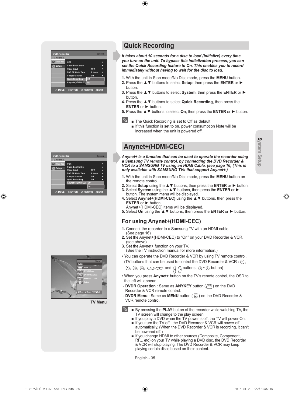 Quick recording, Anynet+(hdmi-cec), For using anynet+(hdmi-cec) | System setup | Samsung DVD-VR357-XAA User Manual | Page 35 / 89
