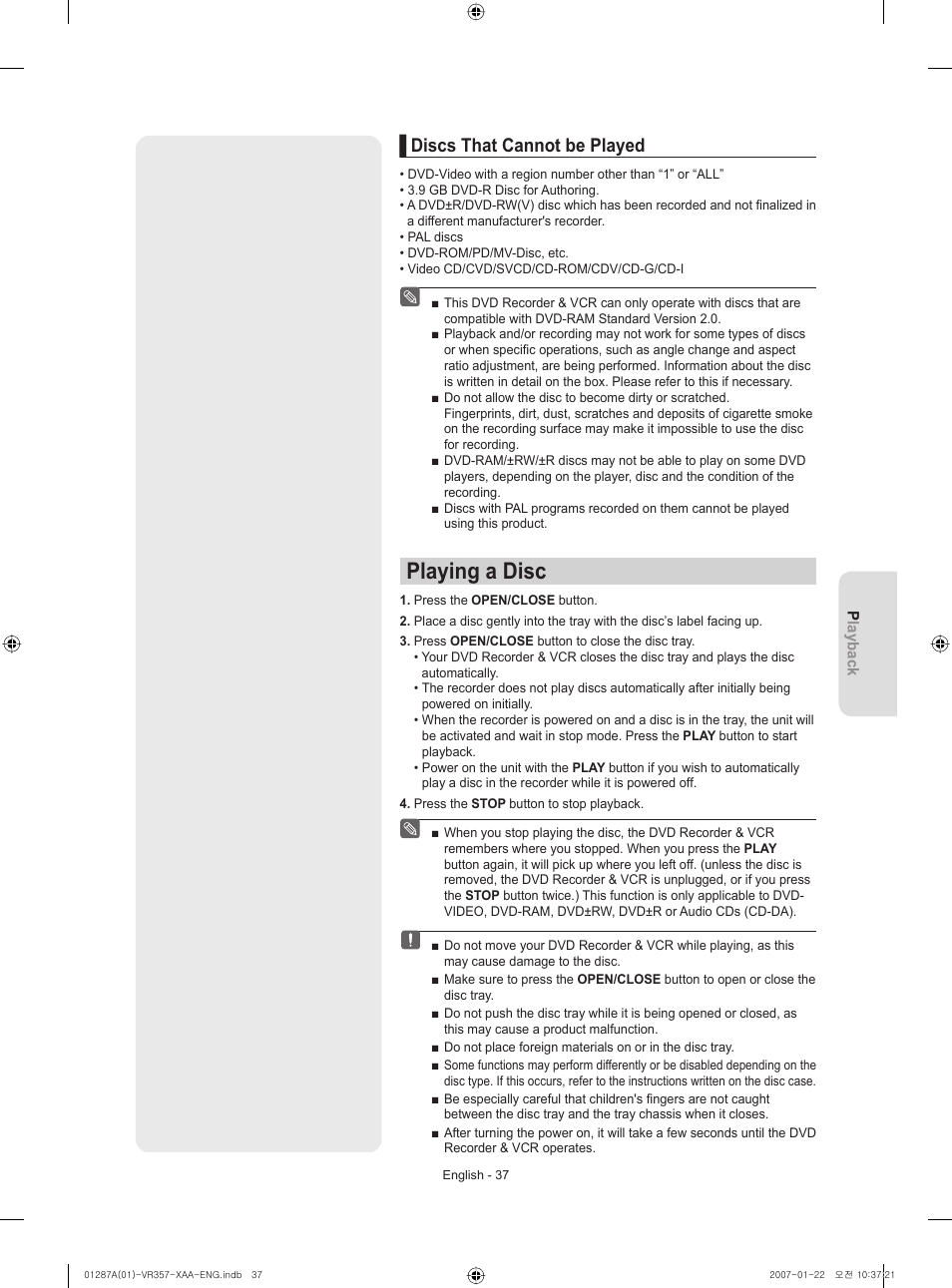 Discs that cannot be played, Playing a disc | Samsung DVD-VR357-XAA User Manual | Page 37 / 89