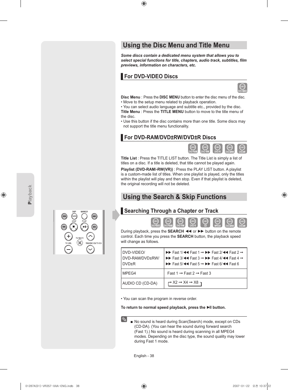 Using the disc menu and title menu, Using the search & skip functions, For dvd-video discs | For dvd-ram/dvd±rw/dvd±r discs, Searching through a chapter or track | Samsung DVD-VR357-XAA User Manual | Page 38 / 89