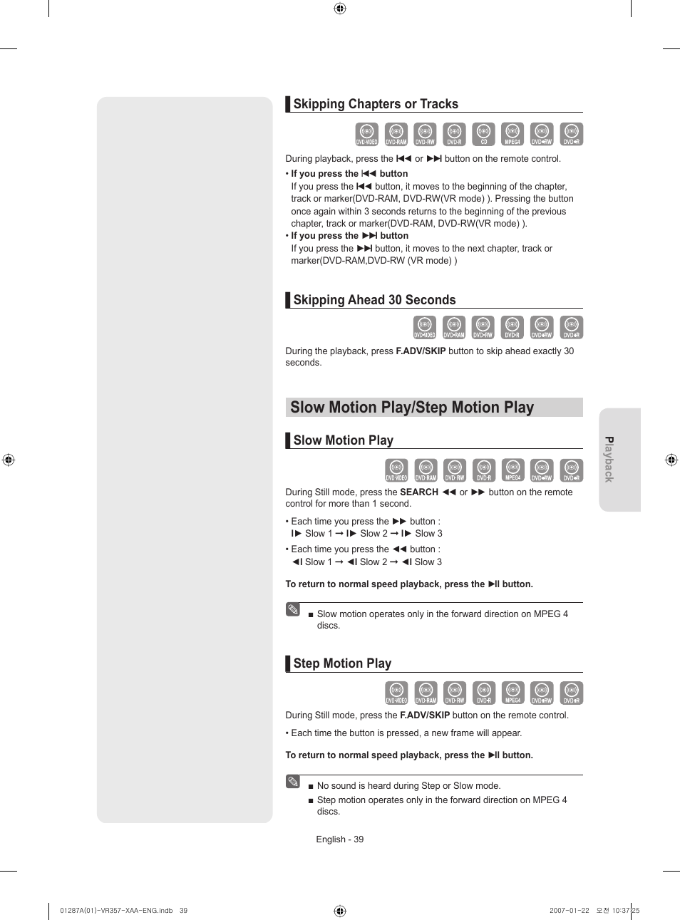 Slow motion play/step motion play, Skipping chapters or tracks, Skipping ahead 30 seconds | Slow motion play, Step motion play | Samsung DVD-VR357-XAA User Manual | Page 39 / 89