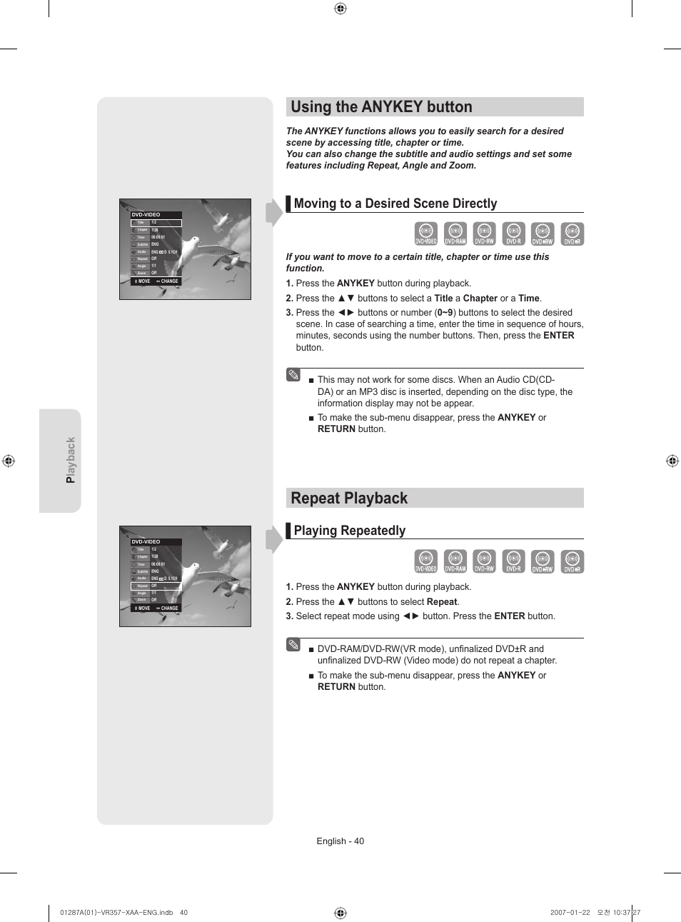 Using the anykey button, Repeat playback, Playing repeatedly | Moving to a desired scene directly, Playback | Samsung DVD-VR357-XAA User Manual | Page 40 / 89