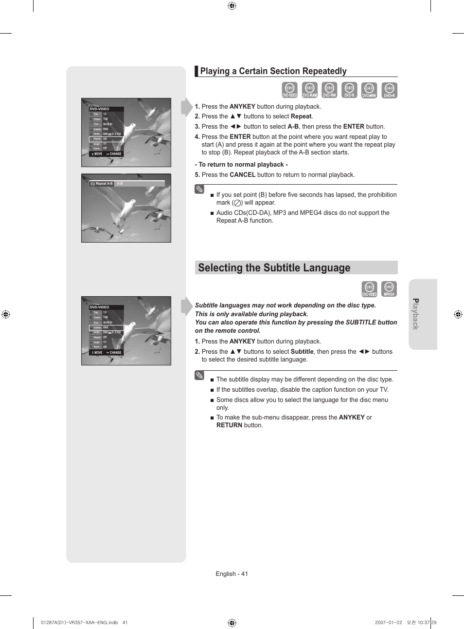 Playing a certain section repeatedly, Selecting the subtitle language, Playback | Samsung DVD-VR357-XAA User Manual | Page 41 / 89