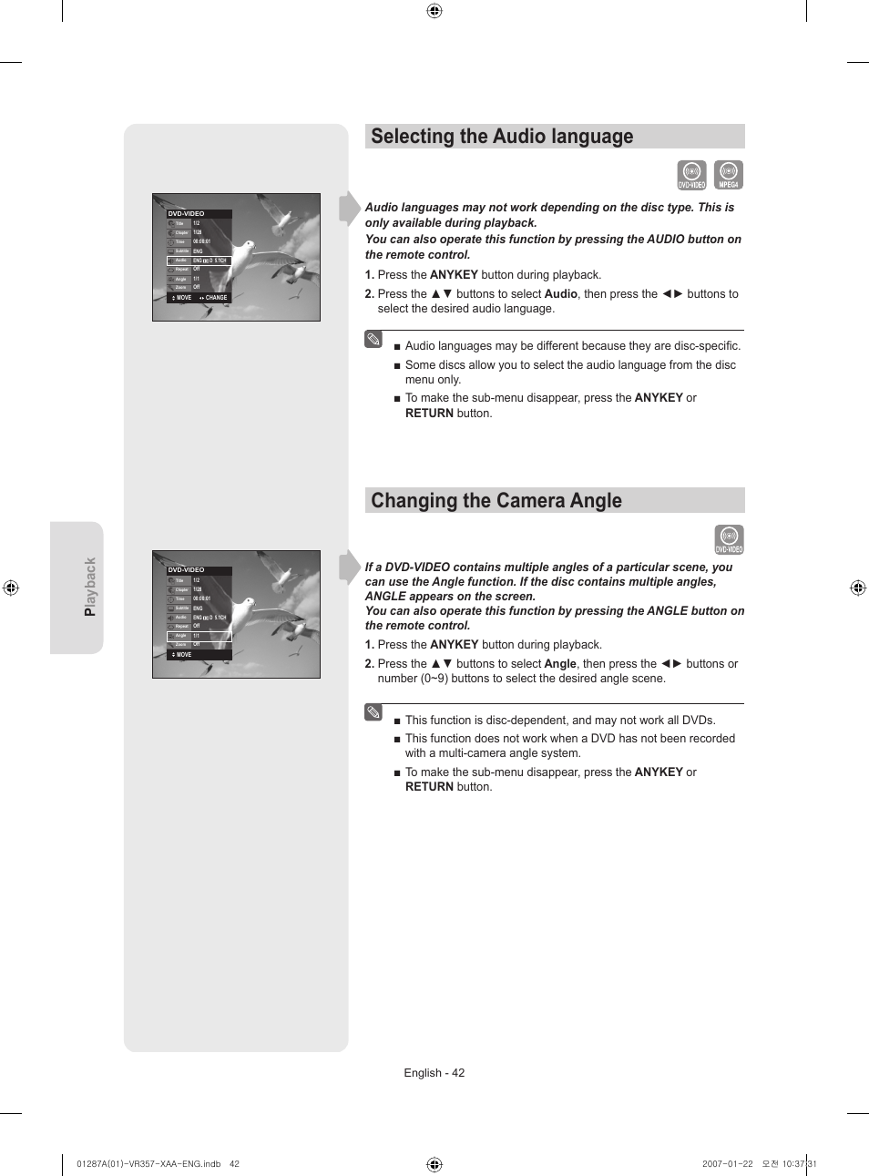 Selecting the audio language, Changing the camera angle, Playback | English - 42 | Samsung DVD-VR357-XAA User Manual | Page 42 / 89