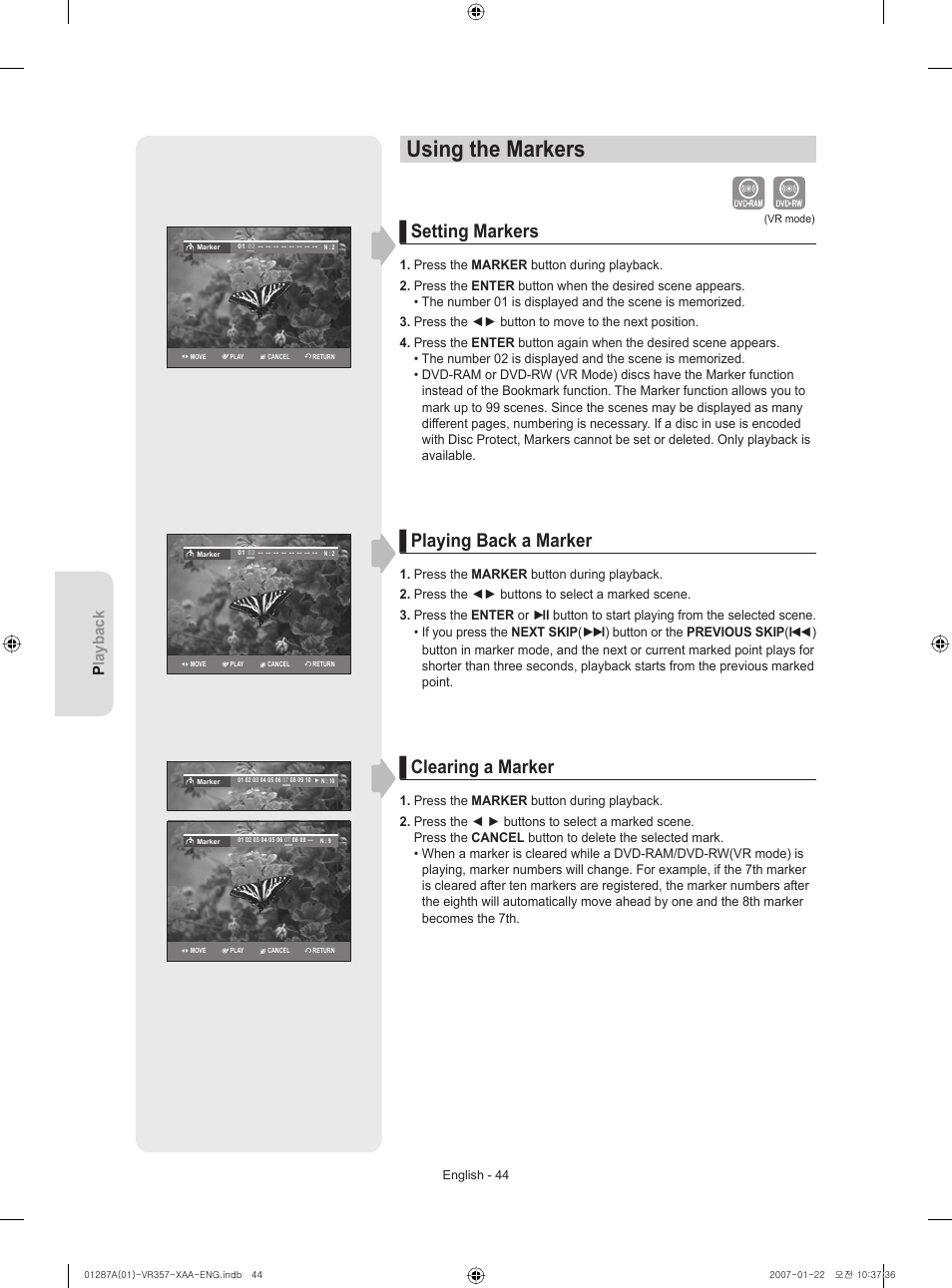 Using the markers, Setting markers, Playing back a marker | Clearing a marker, Playback | Samsung DVD-VR357-XAA User Manual | Page 44 / 89