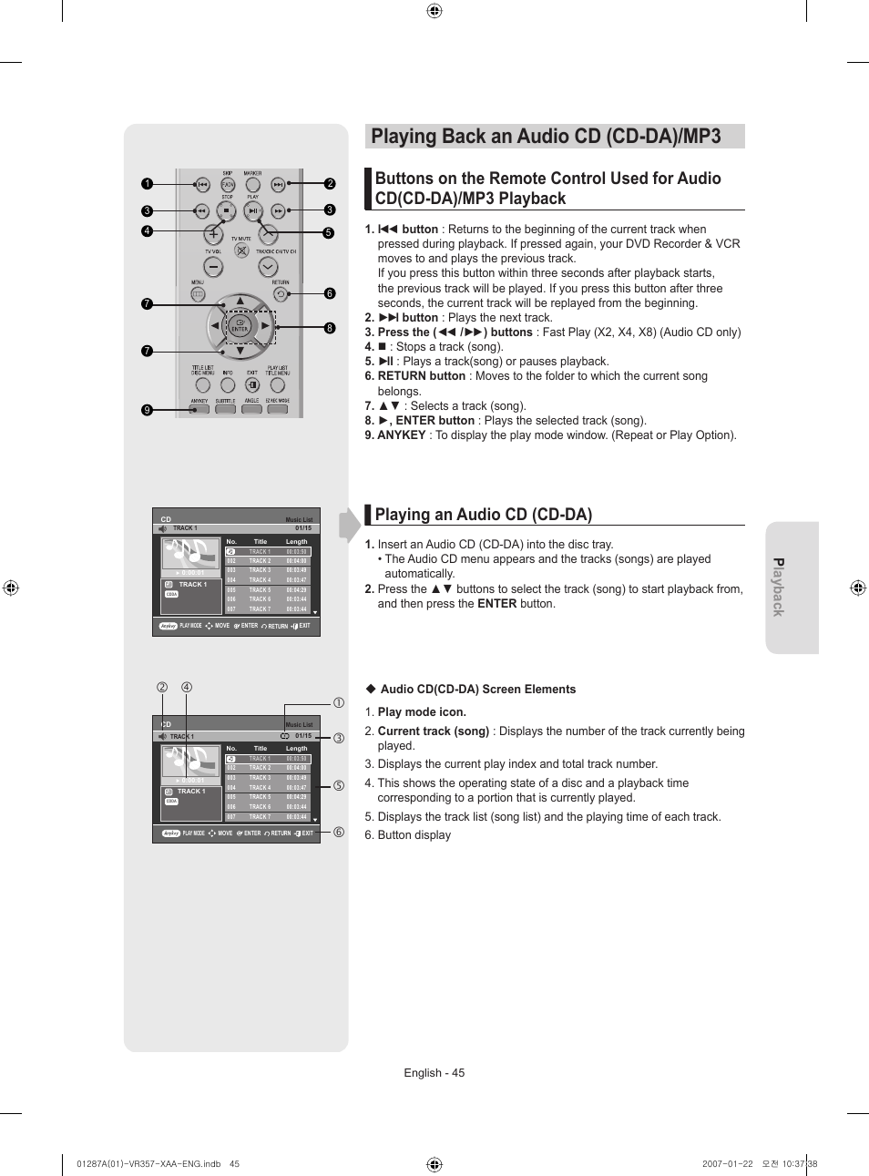 Playing back an audio cd (cd-da)/mp3, Playing an audio cd (cd-da), Playback | Samsung DVD-VR357-XAA User Manual | Page 45 / 89