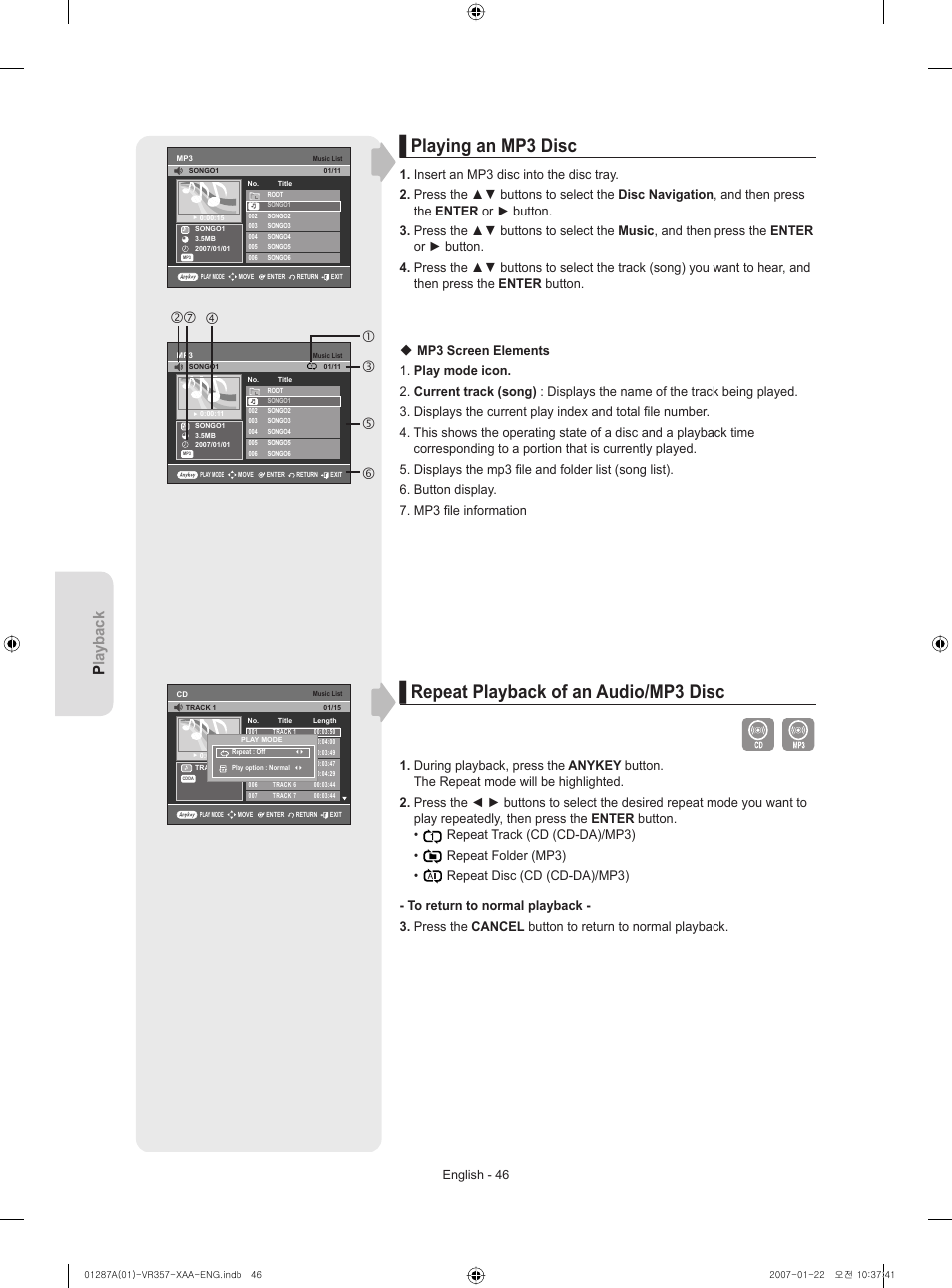 Playing an mp3 disc, Repeat playback of an audio/mp3 disc, Playback | Samsung DVD-VR357-XAA User Manual | Page 46 / 89