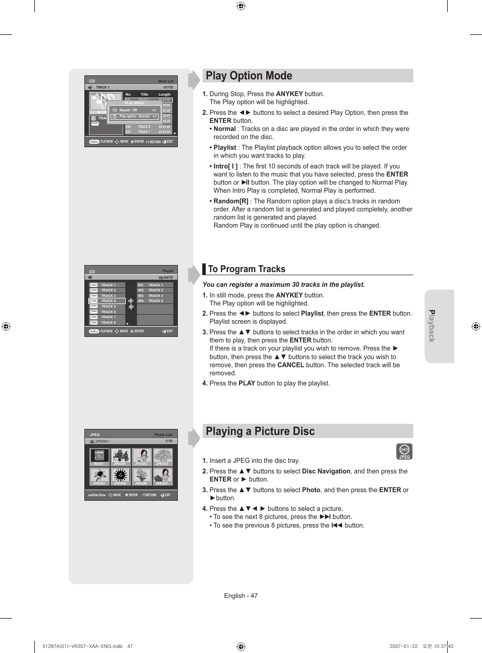 Play option mode, To program tracks, Playing a picture disc | Playback | Samsung DVD-VR357-XAA User Manual | Page 47 / 89