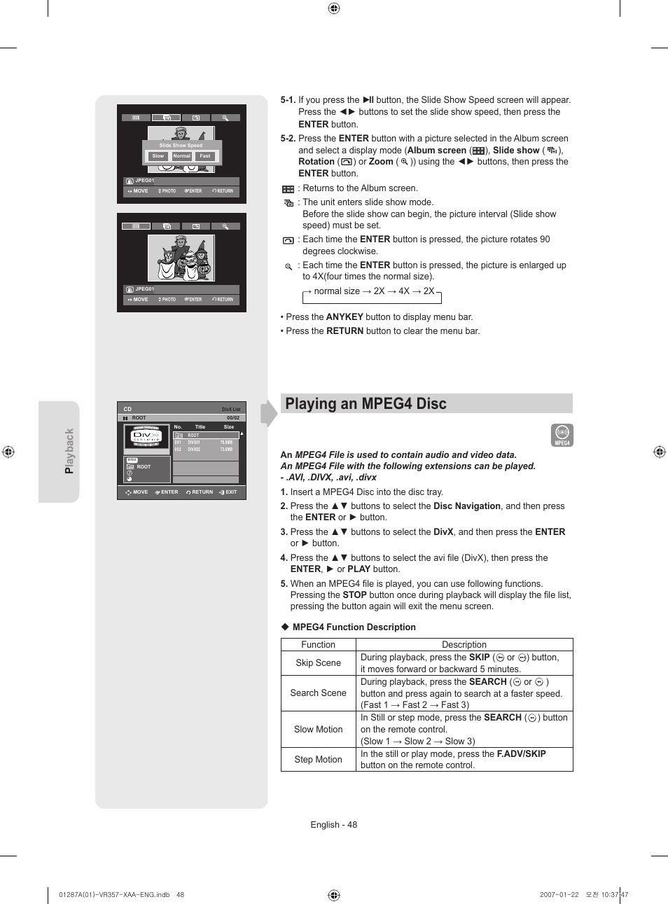 Playing an mpeg4 disc, Playback | Samsung DVD-VR357-XAA User Manual | Page 48 / 89
