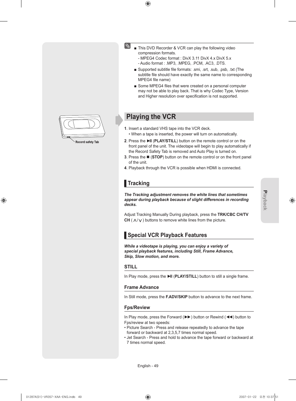 Playing the vcr, Tracking, Special vcr playback features | Samsung DVD-VR357-XAA User Manual | Page 49 / 89