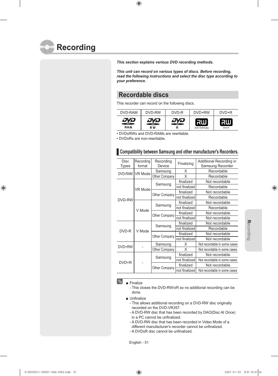 Recording, Recordable discs | Samsung DVD-VR357-XAA User Manual | Page 51 / 89