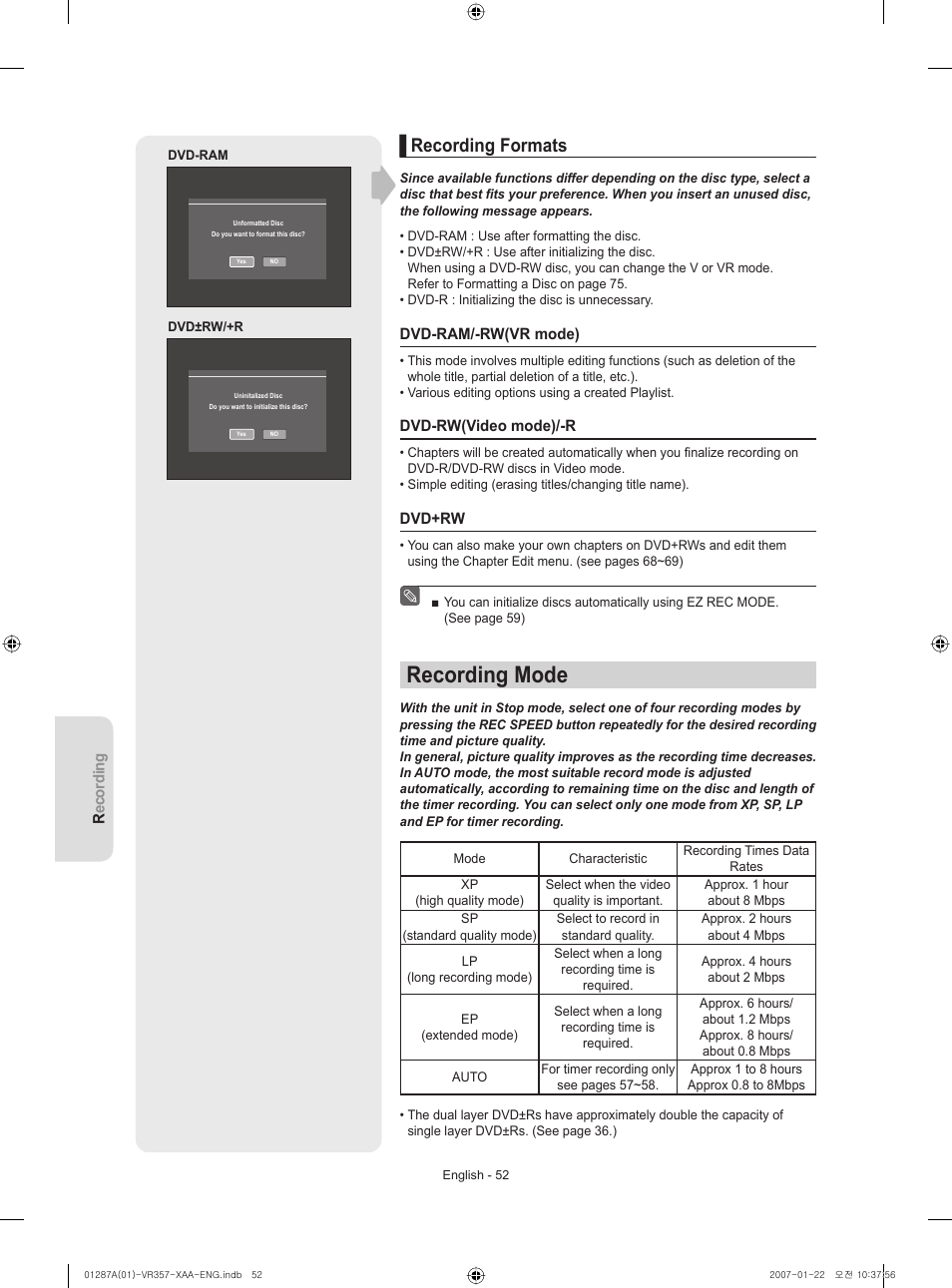 Recording formats, Recording mode | Samsung DVD-VR357-XAA User Manual | Page 52 / 89