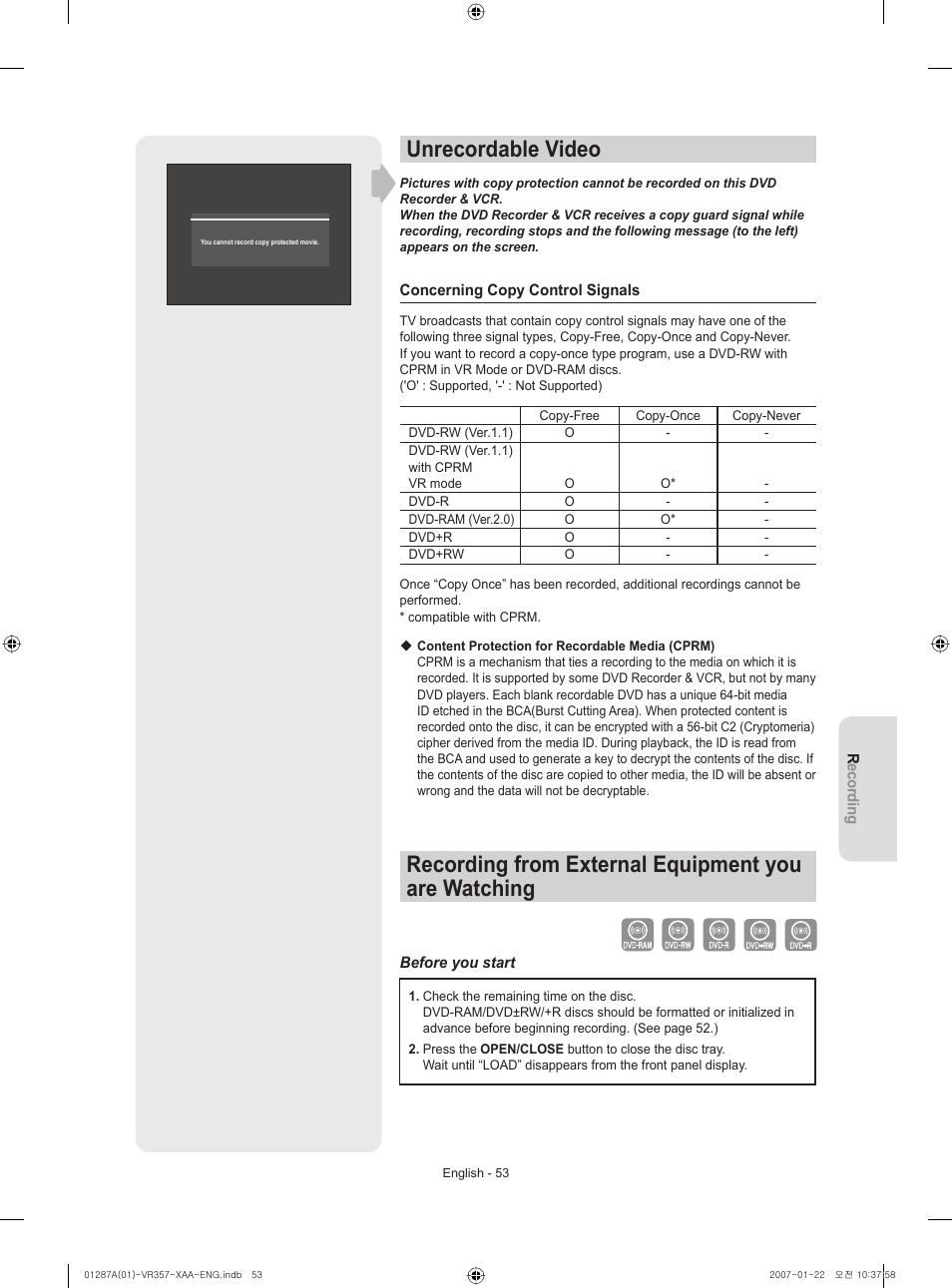 Unrecordable video, Recording from external equipment you are watching | Samsung DVD-VR357-XAA User Manual | Page 53 / 89