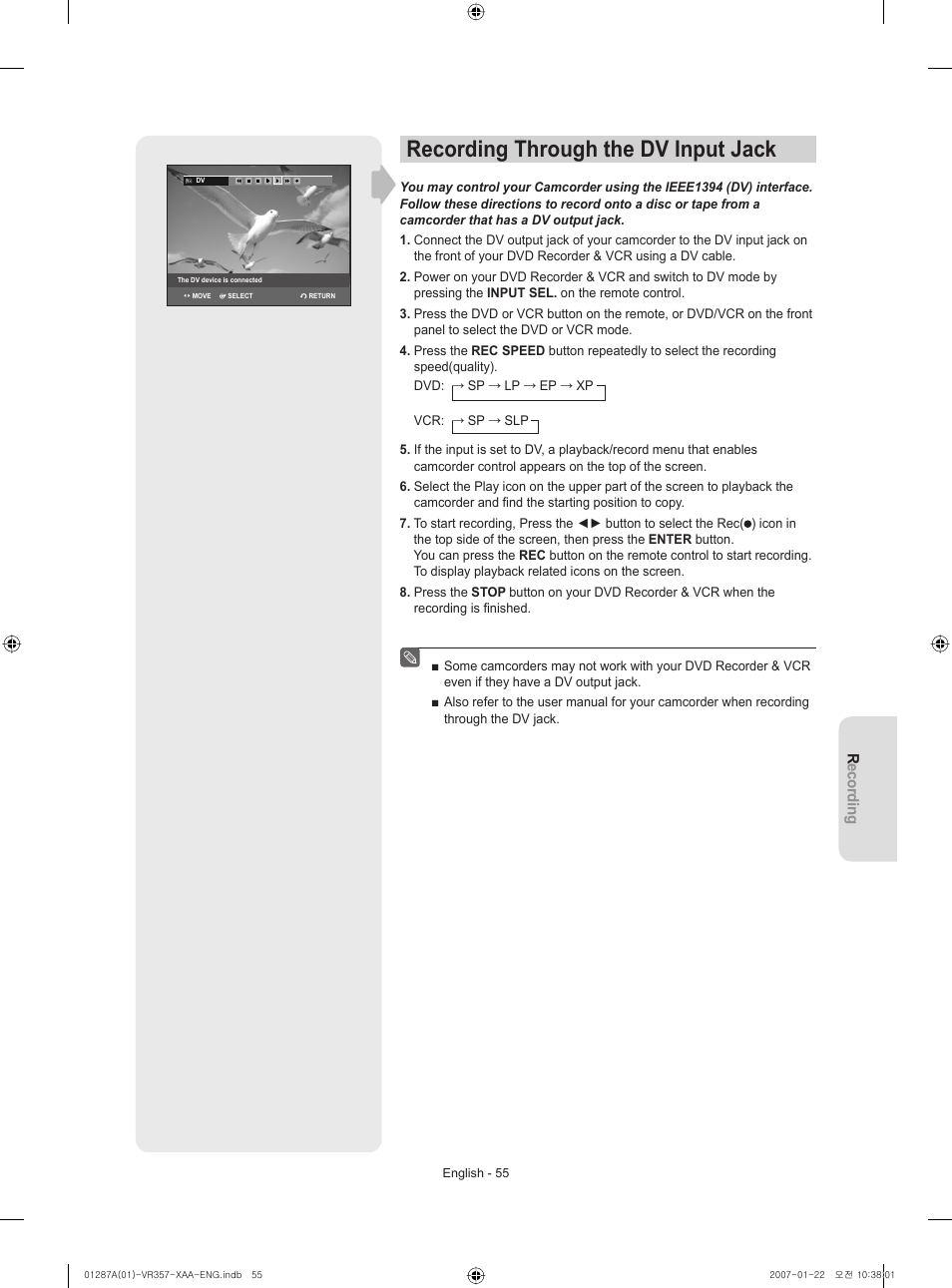 Recording through the dv input jack | Samsung DVD-VR357-XAA User Manual | Page 55 / 89