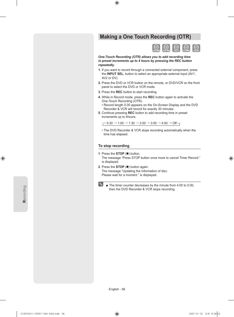 Making a one touch recording (otr) | Samsung DVD-VR357-XAA User Manual | Page 56 / 89